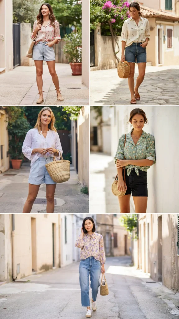 Floral Blouse with Denim Shorts
