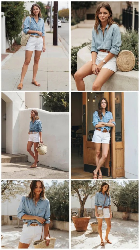 Chambray Shirt with White Denim Shorts