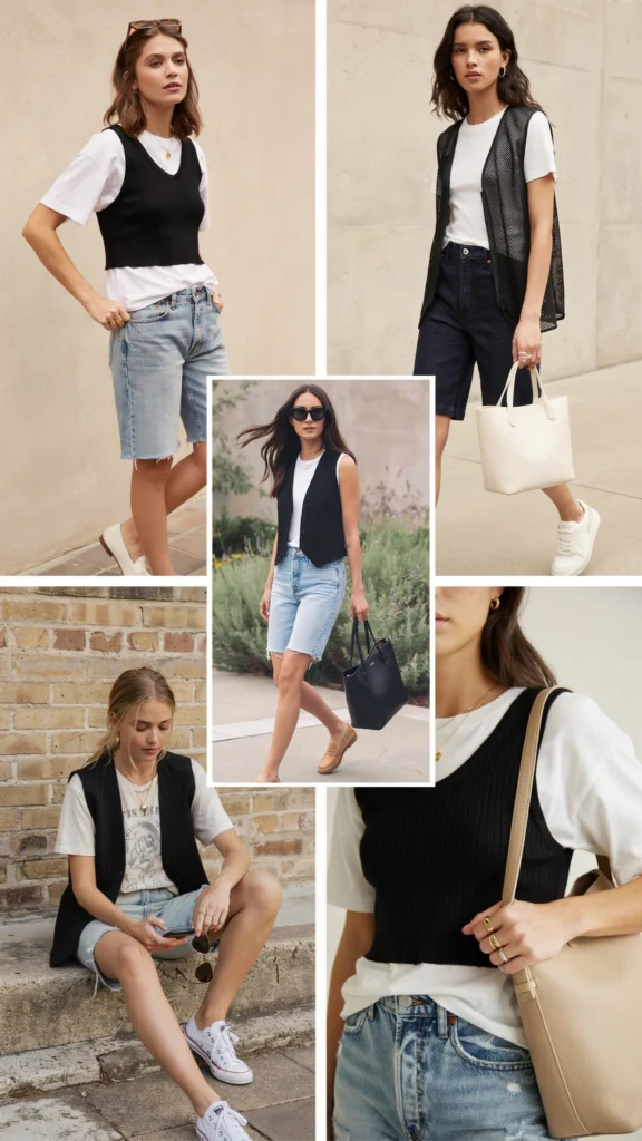 Chic Black Vest with White Tee and Denim Shorts