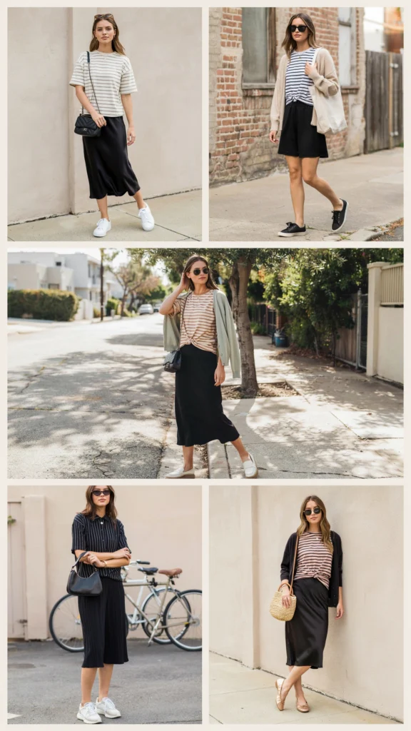 Striped Tee with Black Slip Skirt