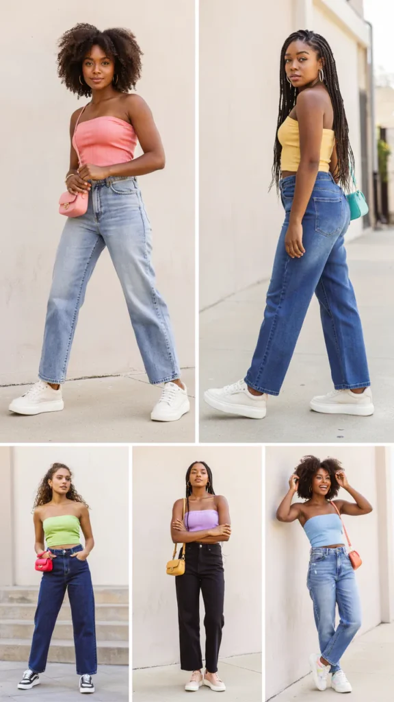 Colorful Tube Top with Wide-Leg Jeans