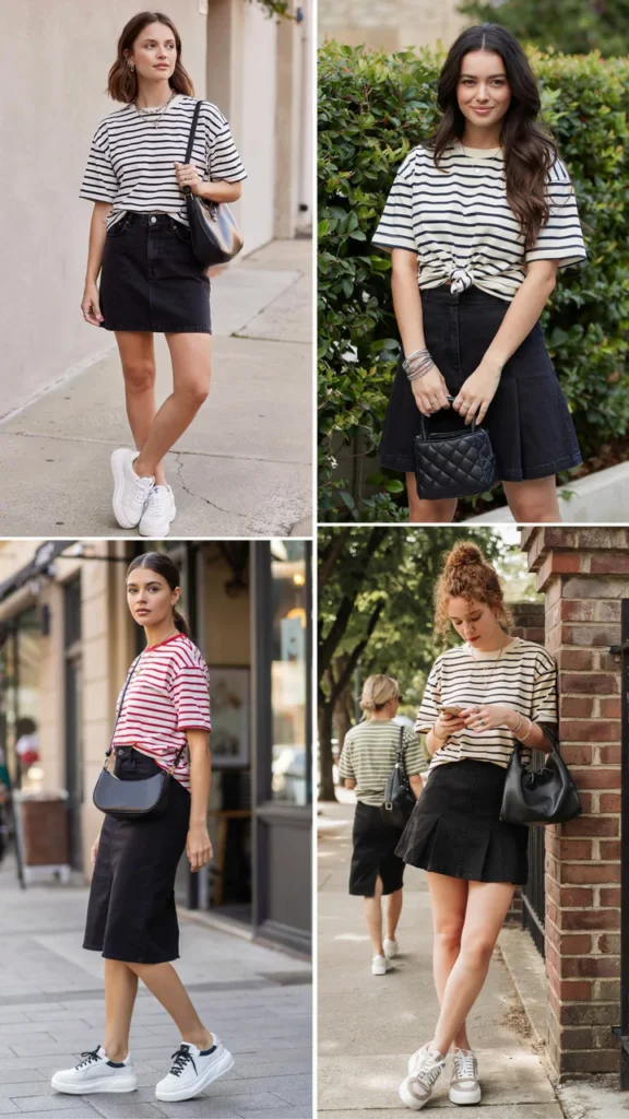 Striped Baby Tee with Black Denim Skirt
