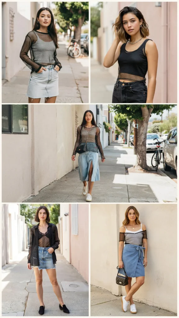 Mesh Top Over a Cami with Denim Skirt