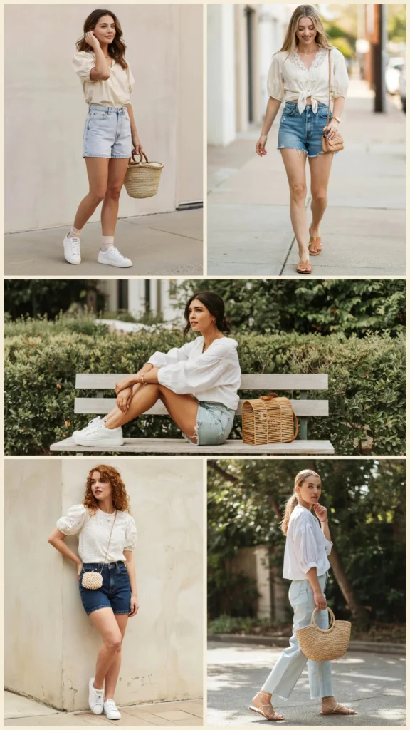 White Blouse with Denim Shorts
