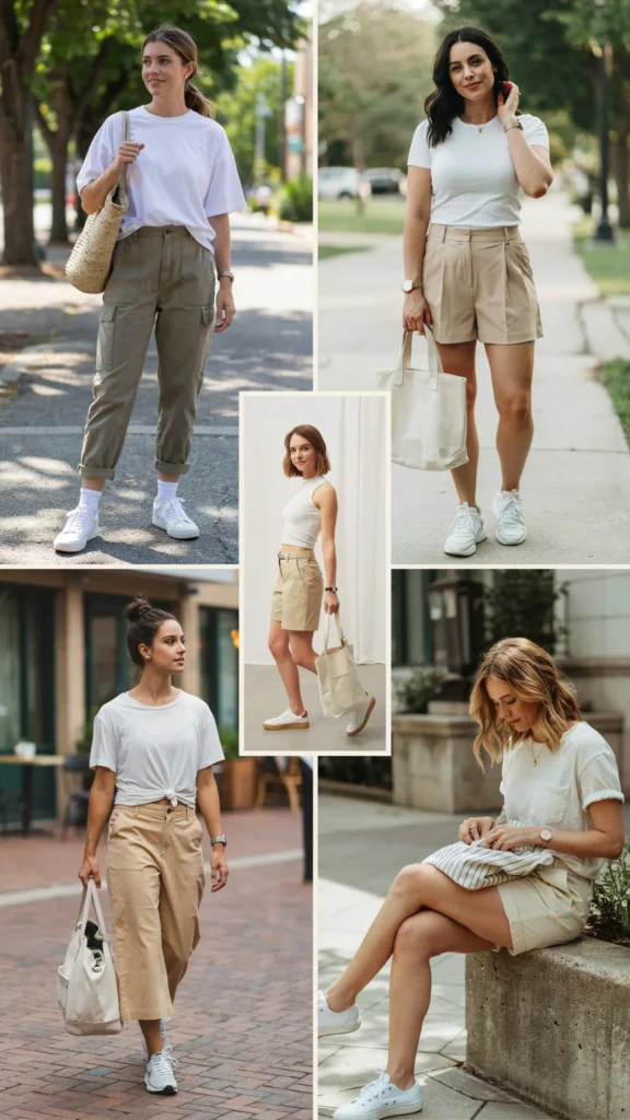 White Tee with Khaki Shorts
