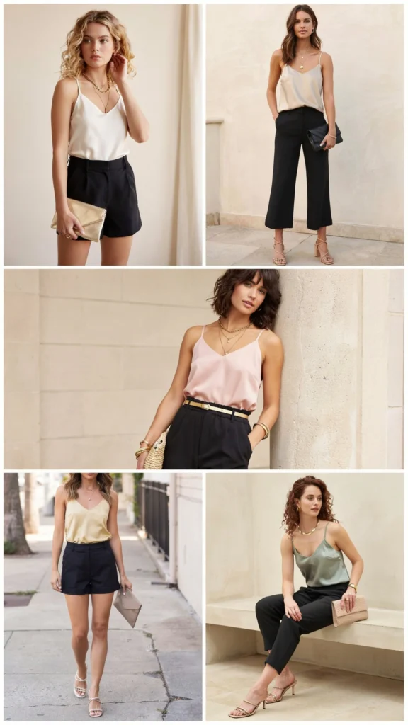 Satin Cami with Black Shorts