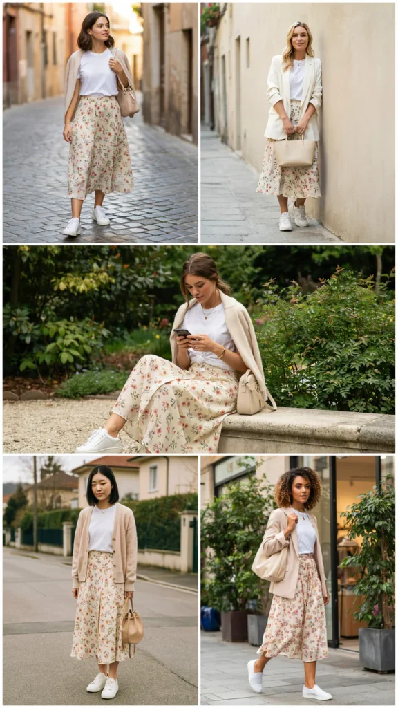 White T-Shirt with a Floral Midi Skirt