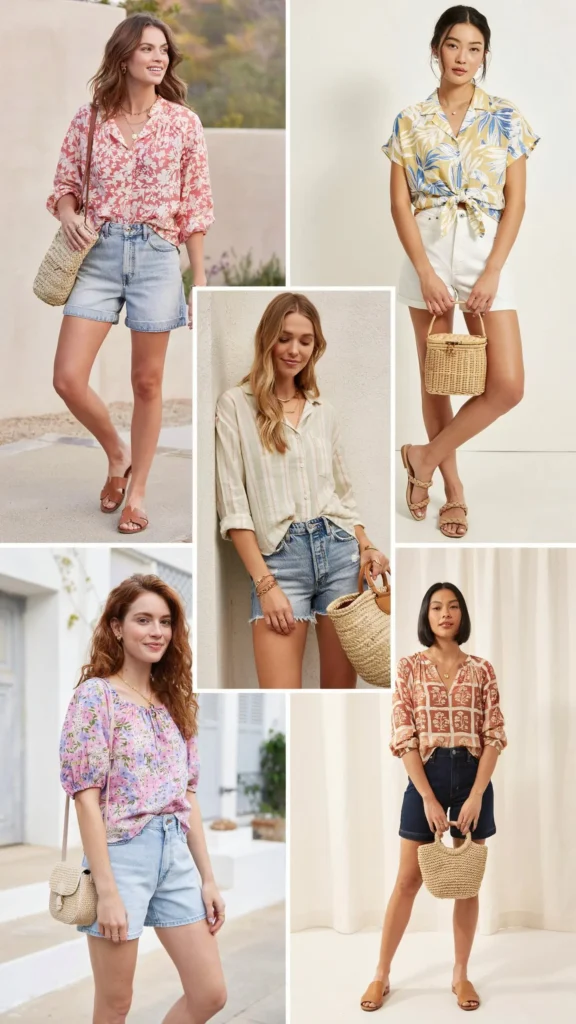 Printed Blouse with Denim Shorts