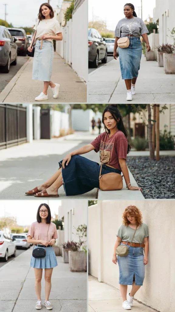 Plus-Size Friendly Oversized Tee with Denim Skirt