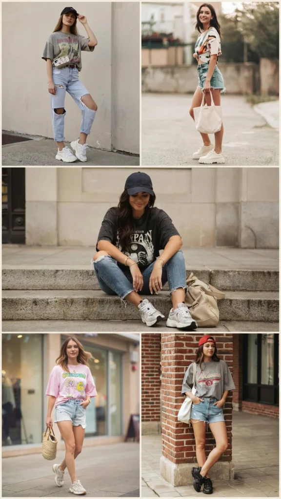 Graphic T-Shirt with Ripped Denim Shorts