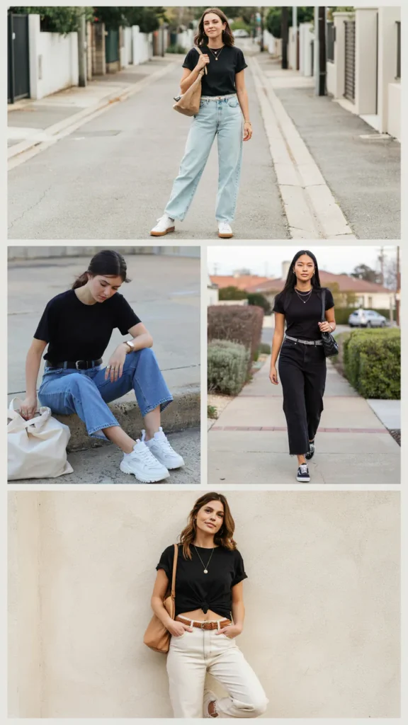 Simple Black Tee with Wide-Leg Jeans