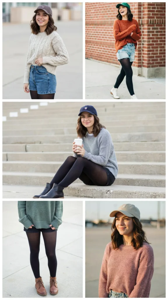 7. Knit Sweater with Denim Shorts and Tights