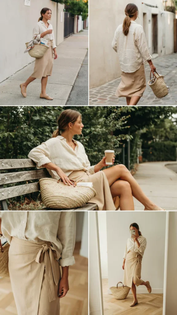  Linen Shirt with a Khaki Wrap Skirt
