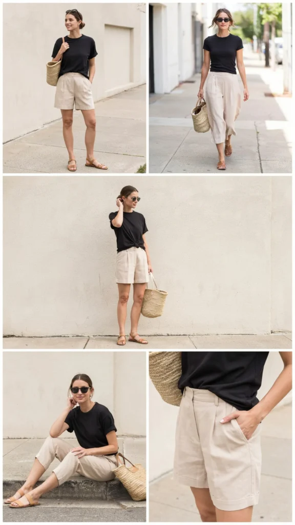 Black T-Shirt with Beige Linen Shorts