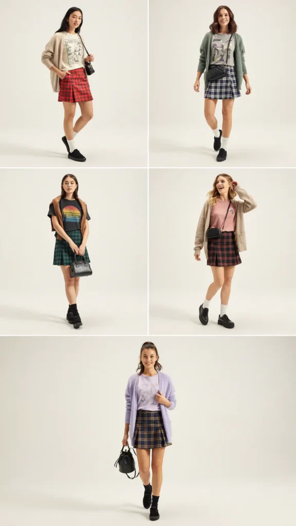 Graphic T-Shirt with Plaid Mini Skirt