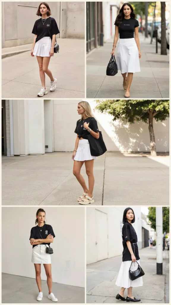 Black Graphic Tee with White Skirt