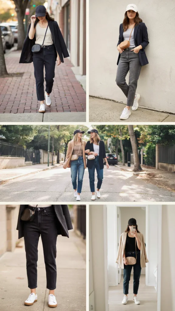 Date-Night Baseball Outfit with Blazer and Jeans