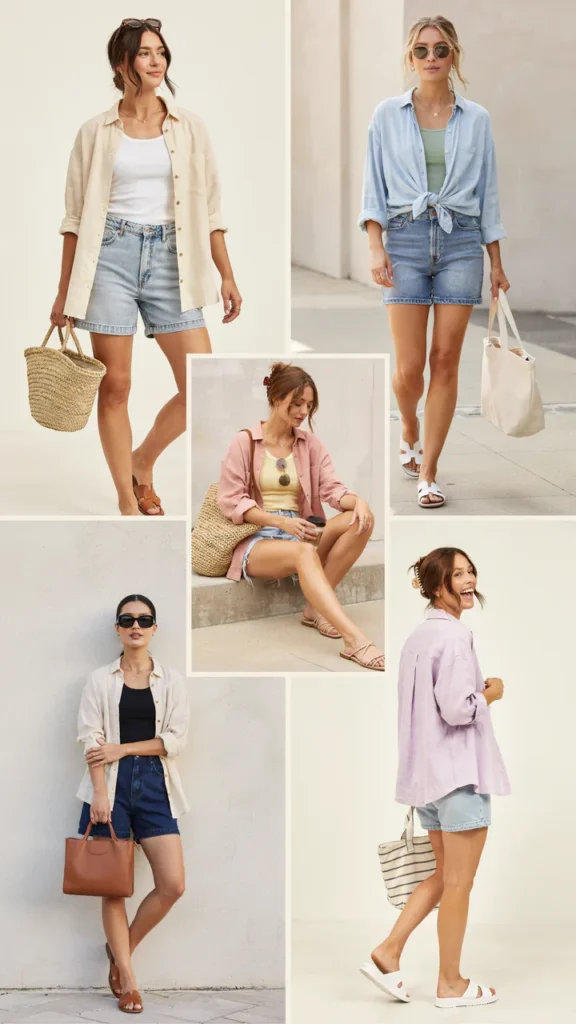 Button-Up Shirt with Denim Shorts