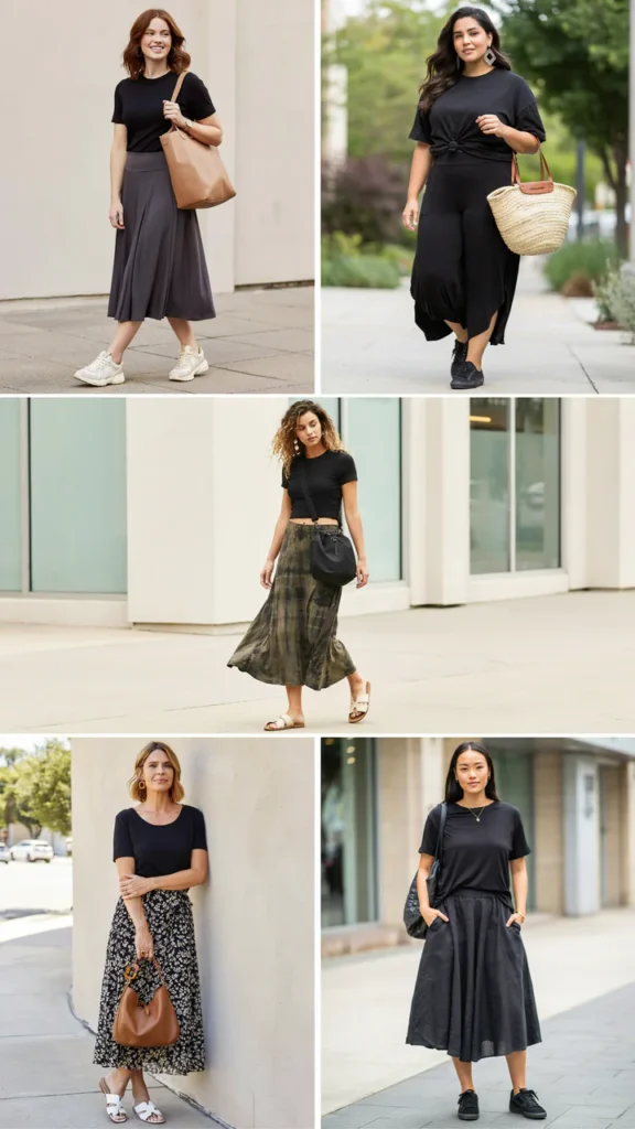 Plus-Size Black Tee with Flowy Skirt