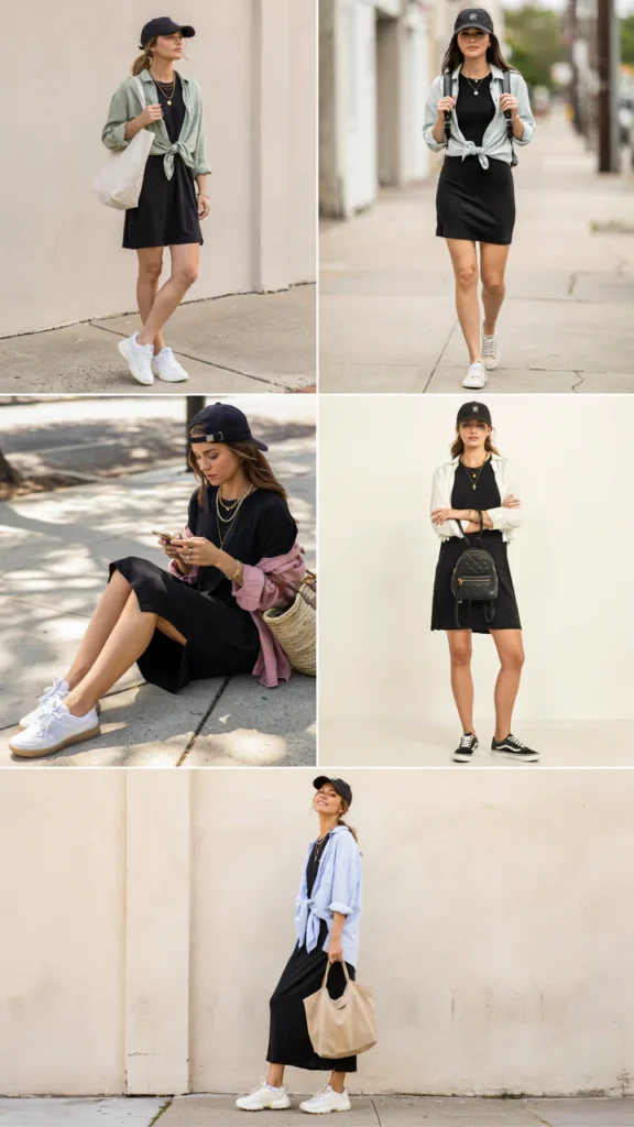 Black T-Shirt Dress with Sneakers and Cap
