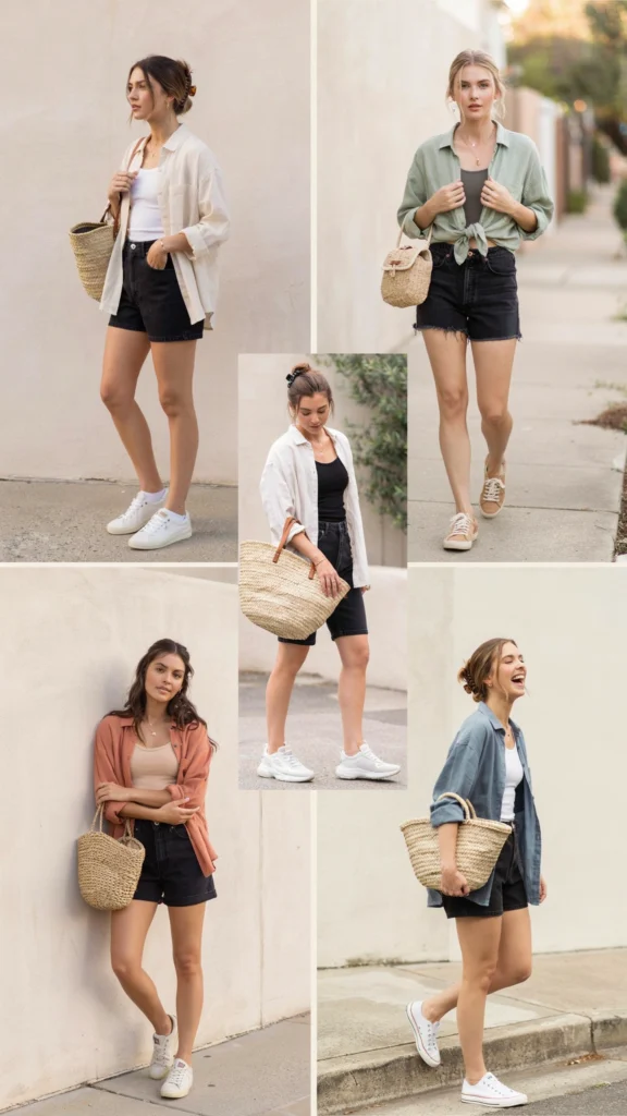 Linen Shirt with Black Denim Shorts