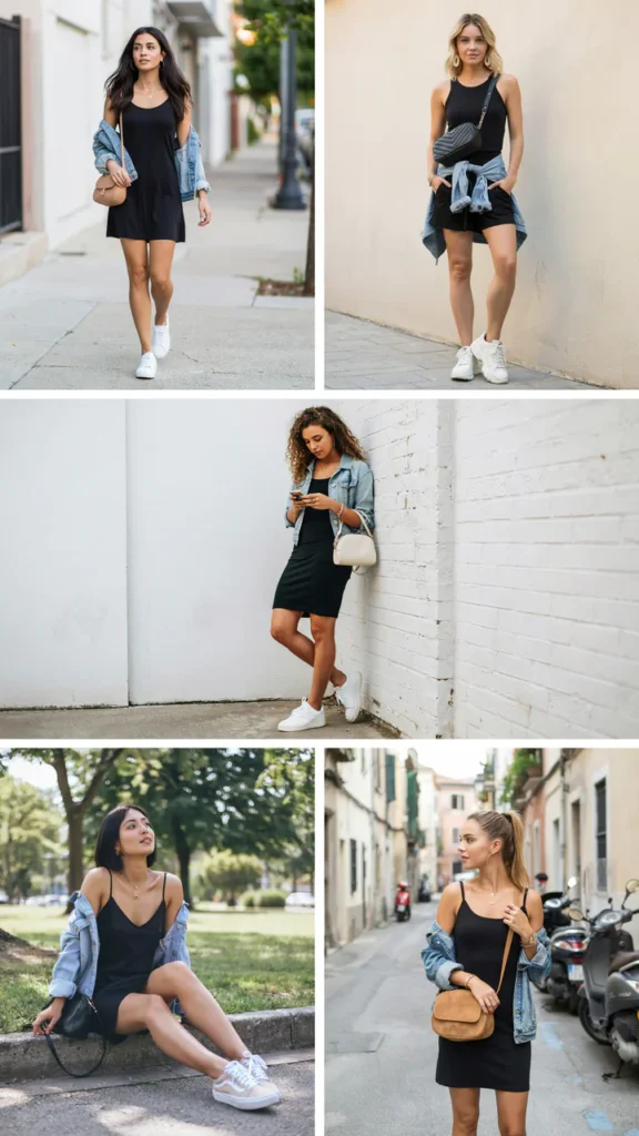 Black Tank Dress with Denim Jacket