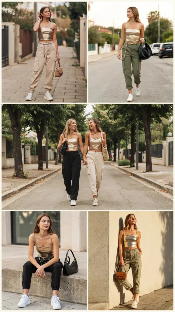 Gold Tube Top with Cargo Pants