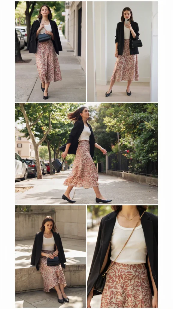  Black Blazer with a Printed Skirt