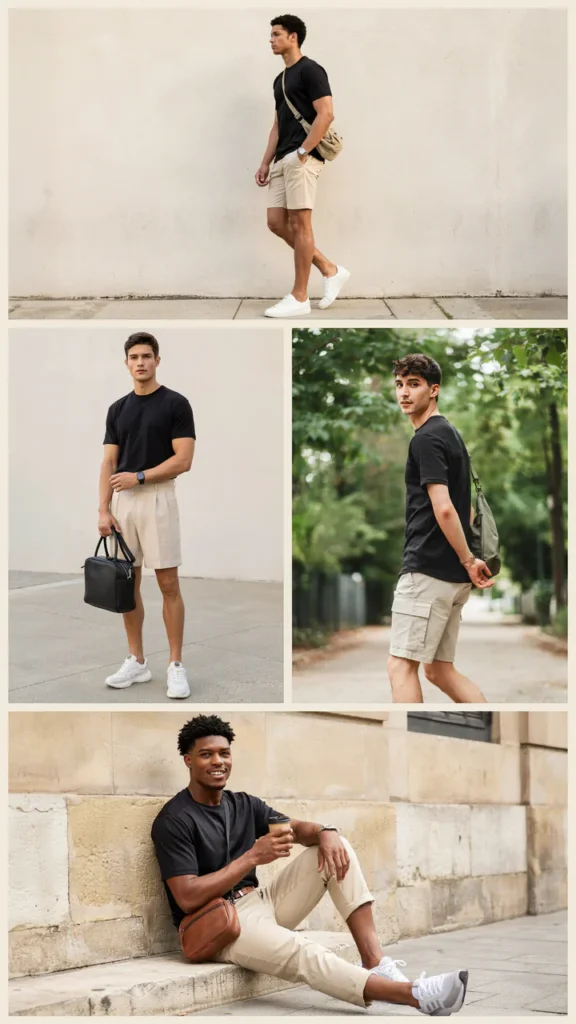 Short-Sleeve Black Shirt with Beige Shorts