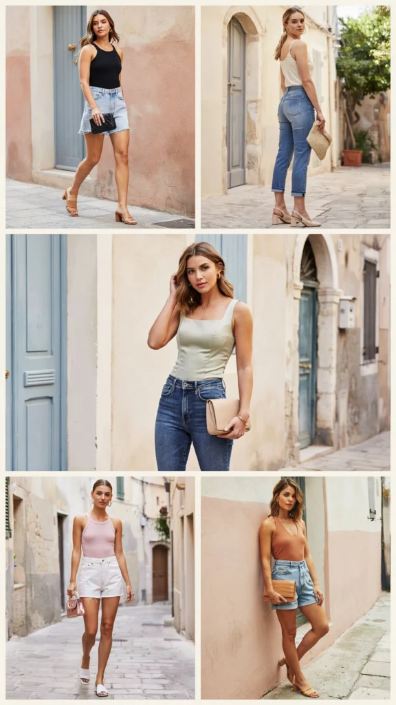 Sleeveless Bodysuit with Denim Shorts