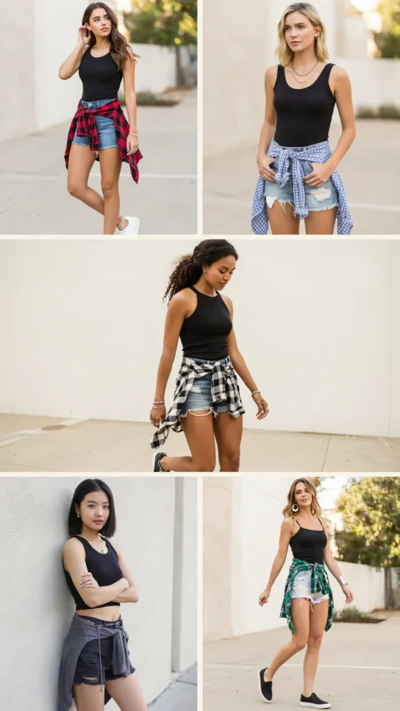 Black Tank Top with Ripped Denim Shorts