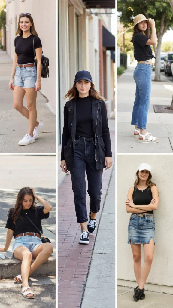 Black T-Shirt with Denim Shorts