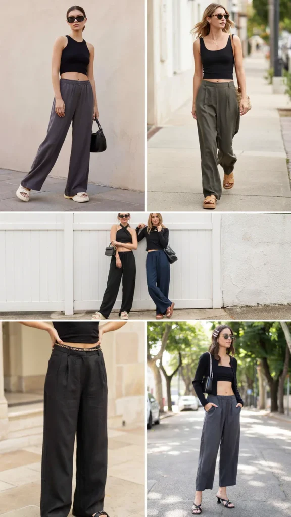 Black Crop Top with Wide-Leg Linen Pants