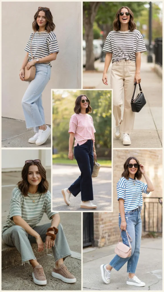 8. Striped T-Shirt with Wide-Leg Jeans