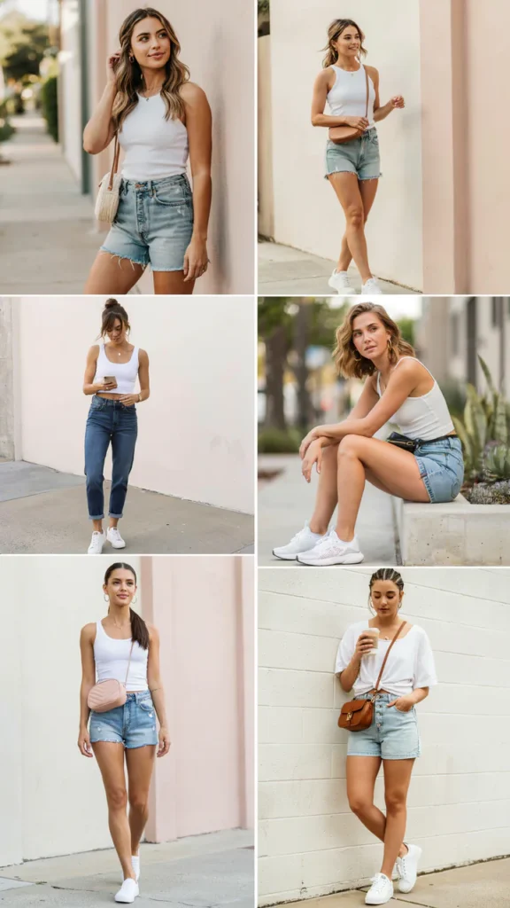 White Tank Top with Denim Shorts