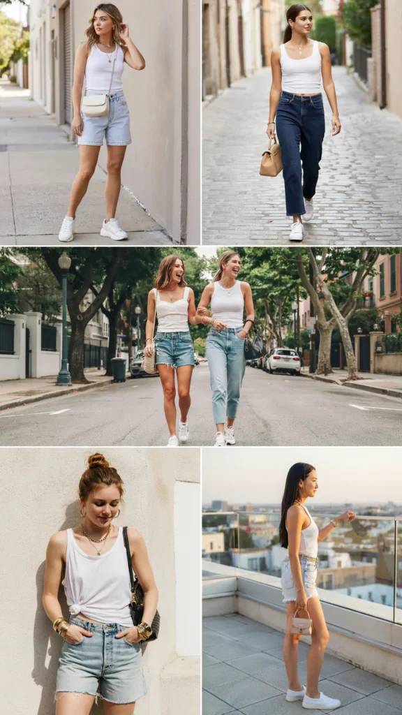 White Tank Top with Denim Shorts