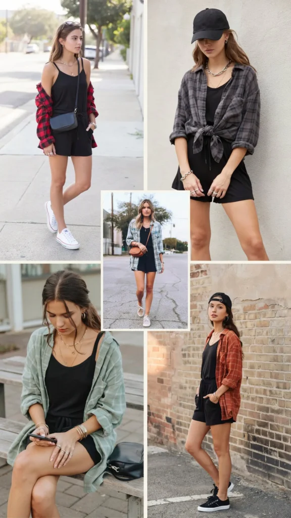 Black Romper with Plaid Shirt