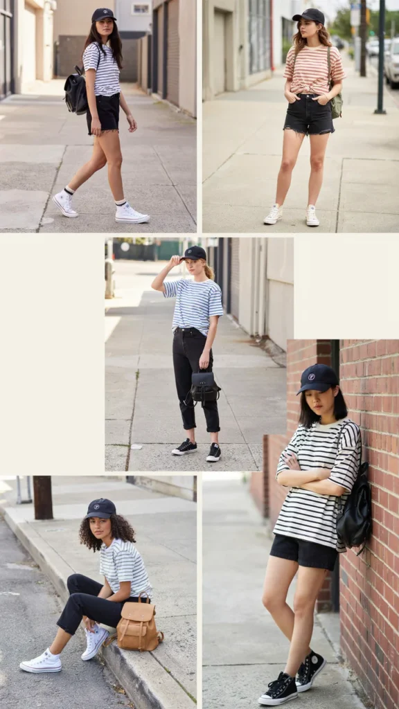 Striped T-Shirt with Black Denim Shorts