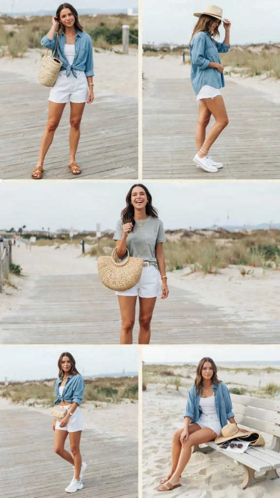 Chambray Shirt with White Denim Shorts
