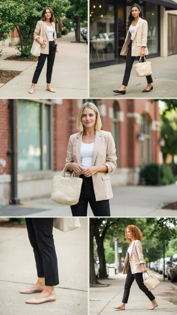 Soft Beige Blazer with Black Slim Pants