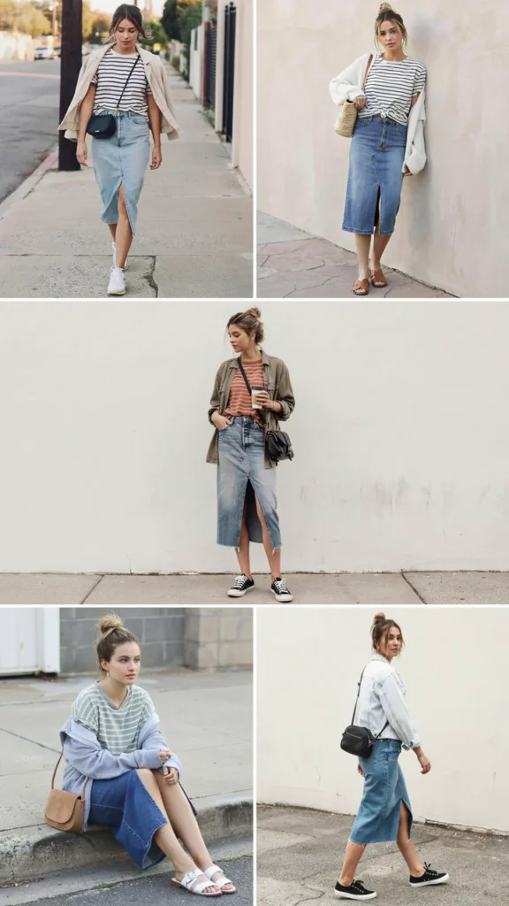 Striped T-Shirt with Denim Midi Skirt