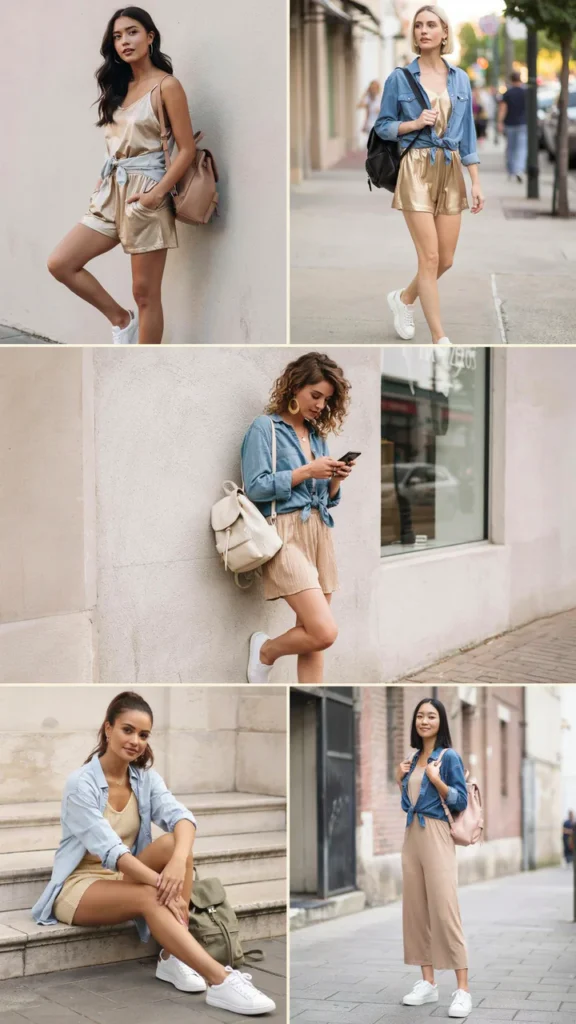 Gold Romper with White Sneakers