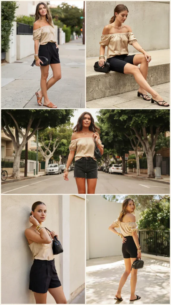 Gold Off-Shoulder Top with Black Shorts