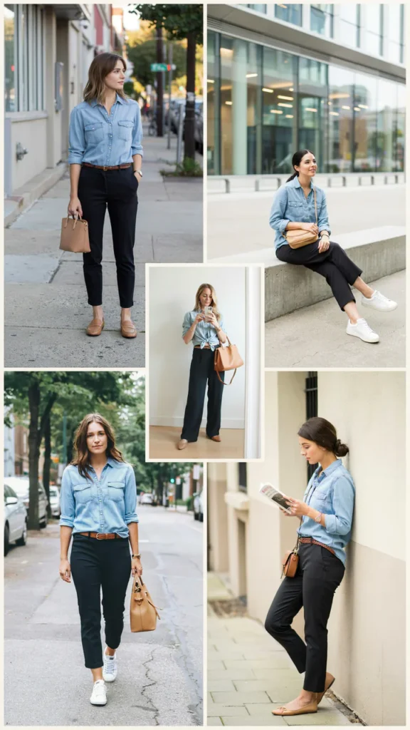 Black Pants with a Chambray Shirt