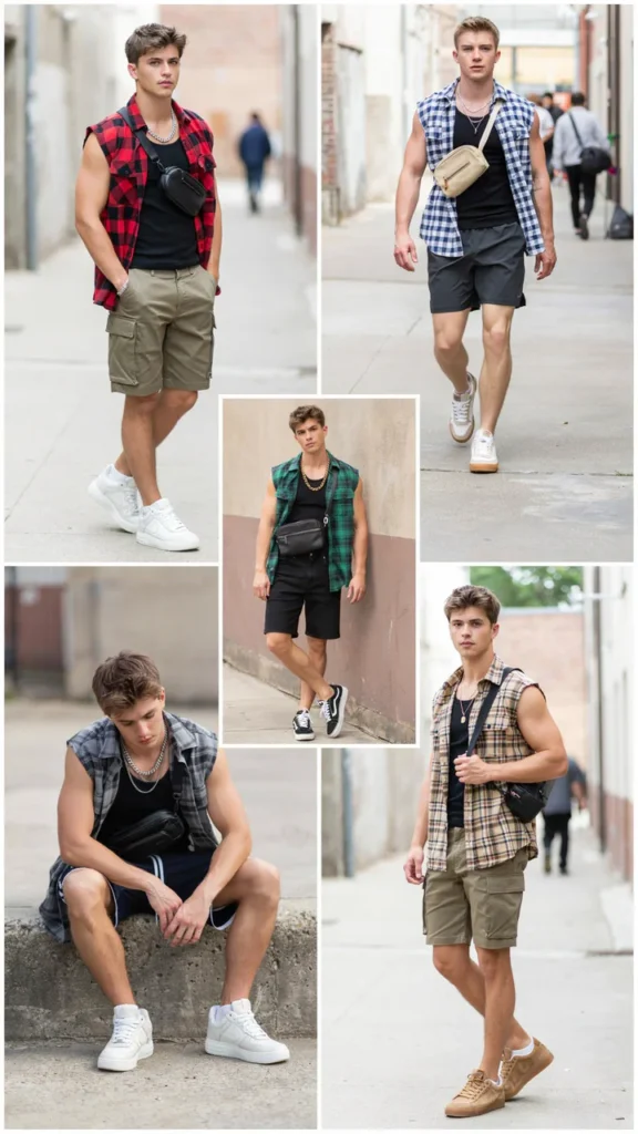 Sleeveless Flannel with Black Tee and Shorts