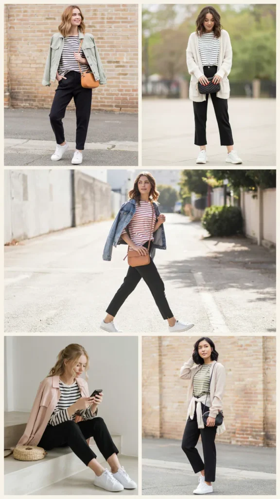 Striped T-Shirt with Black Trousers and a Light Jacket