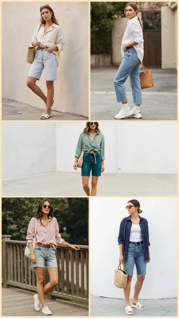 Button-Up Shirt with Denim Bermuda Shorts