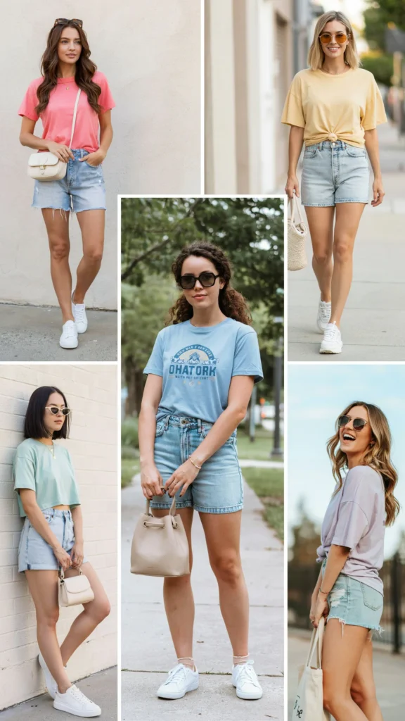 Colorful T-Shirt with Denim Shorts
