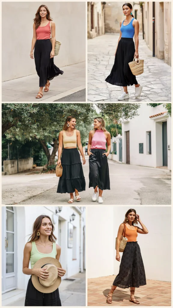 Bright Tank Top with Black Maxi Skirt
