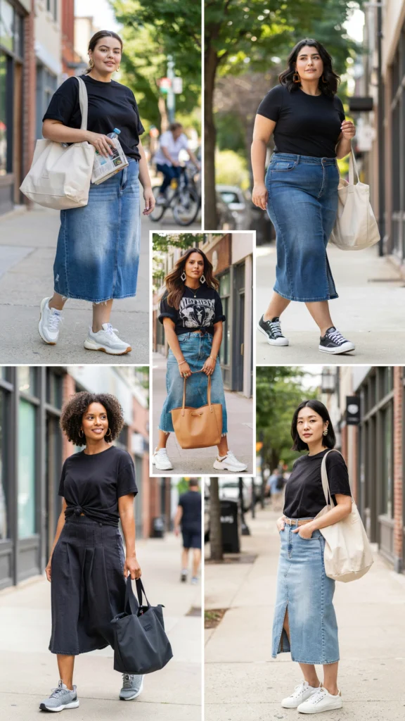 Plus-Size Black Tee with Denim Midi Skirt